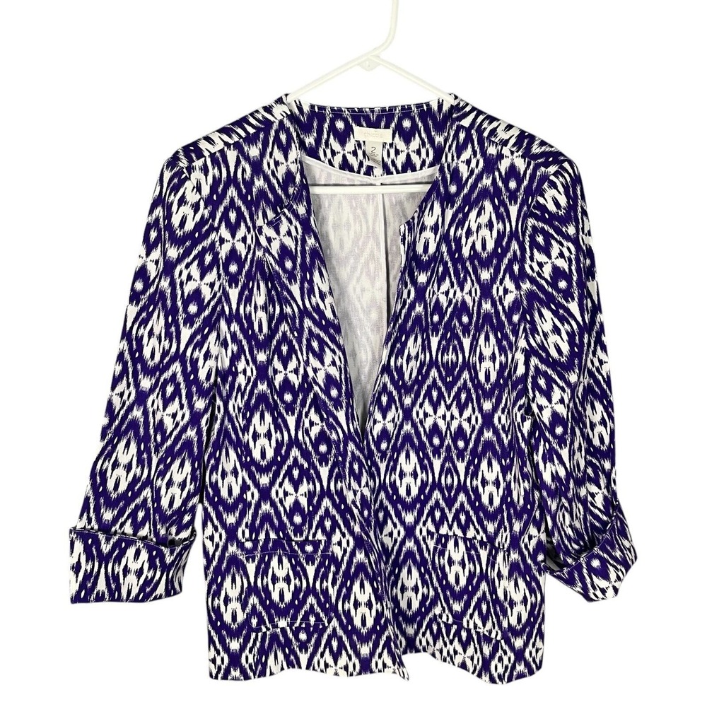 Chico's Women's Aztec 3/4 Sleeve Blazer Jacket Purple/White 2 Medium